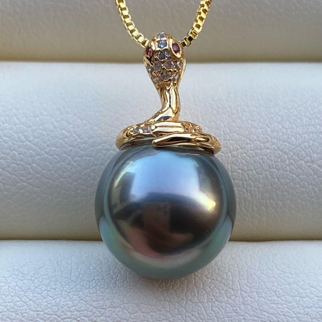 本真珠　南洋黒蝶真珠ネックレストップ 12.8mmグリーンPT786