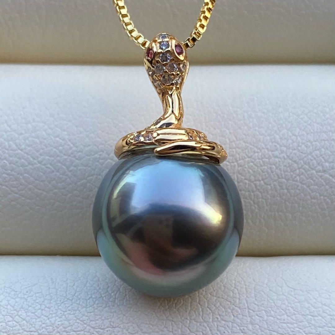 本真珠　南洋黒蝶真珠ネックレストップ 12.8mmグリーンPT786