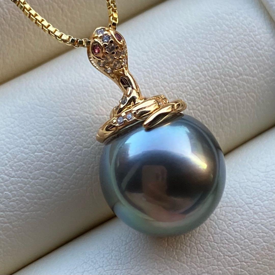 本真珠　南洋黒蝶真珠ネックレストップ 12.8mmグリーンPT786