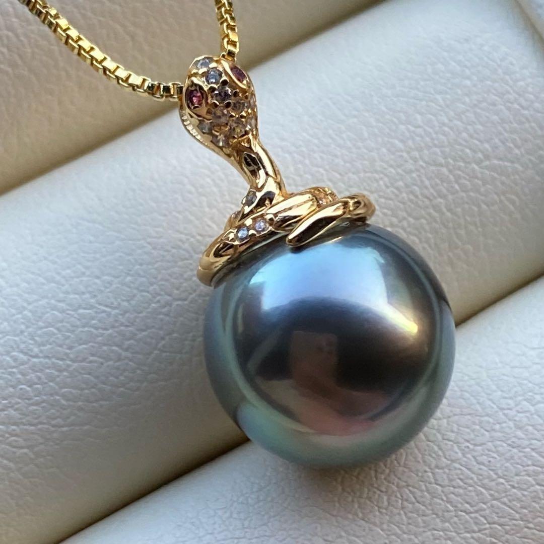 本真珠　南洋黒蝶真珠ネックレストップ 12.8mmグリーンPT786