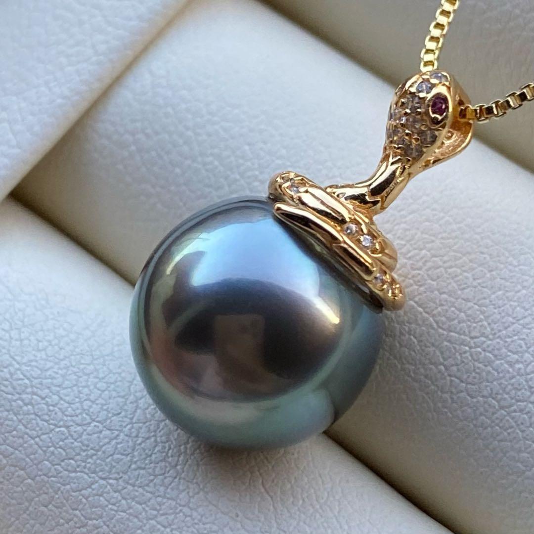 本真珠　南洋黒蝶真珠ネックレストップ 12.8mmグリーンPT786