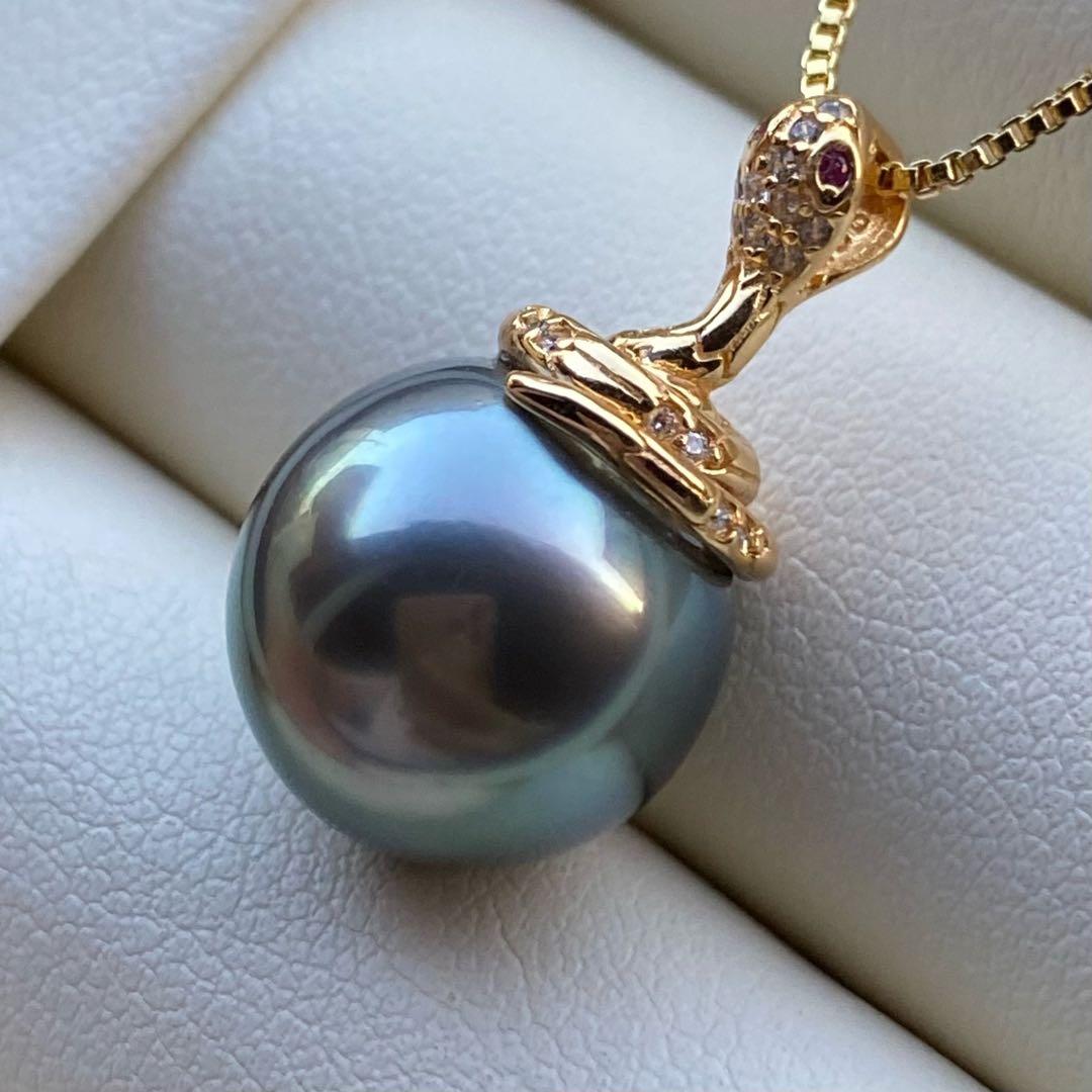 本真珠　南洋黒蝶真珠ネックレストップ 12.8mmグリーンPT786