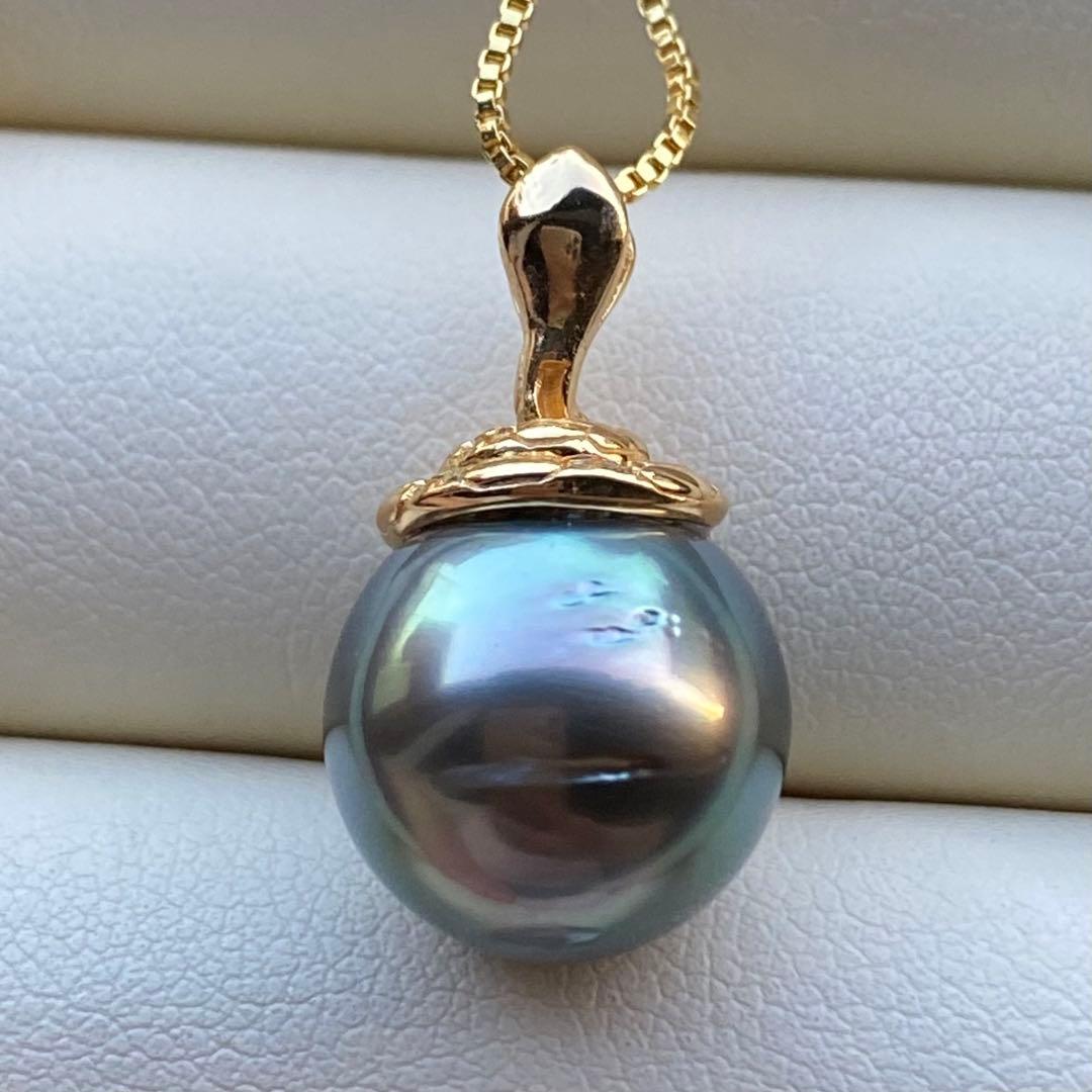 本真珠　南洋黒蝶真珠ネックレストップ 12.8mmグリーンPT786