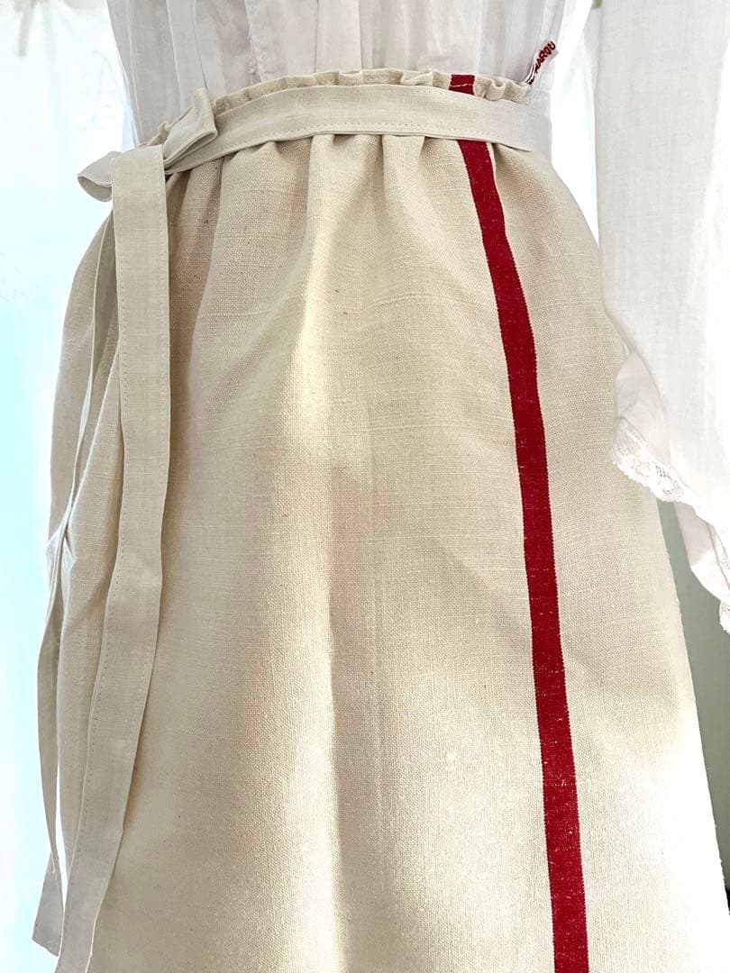 【美品】フランスアンティーク 赤ライン ギャルソンエプロン[349.1792]