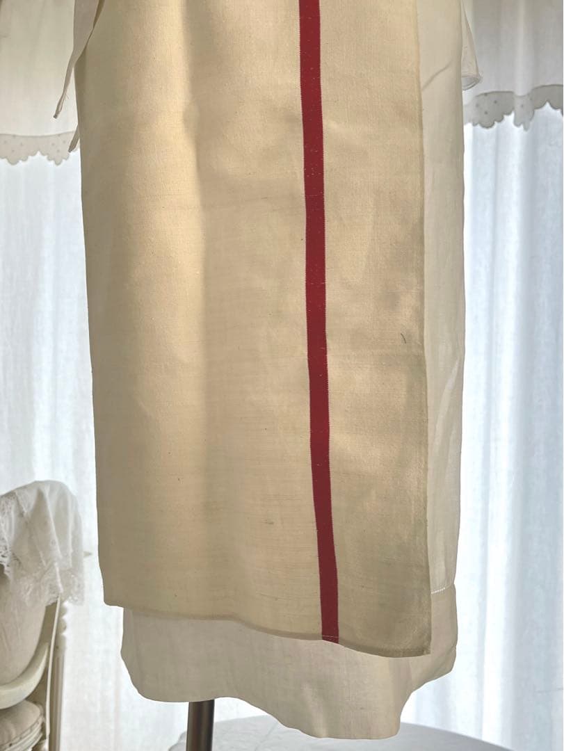 【美品】フランスアンティーク 赤ライン ギャルソンエプロン[349.1792]