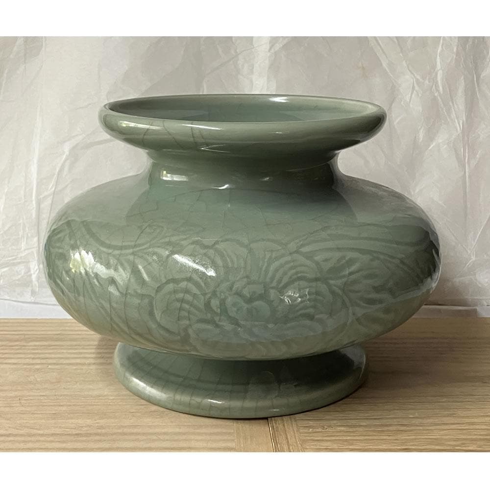 y046 中国古陶磁 青磁 印華紋 壺 木箱入り 花器 中国古美術