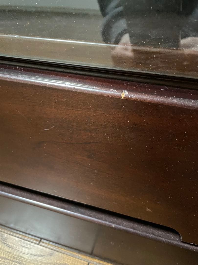 全面ガラス　木製ガラス扉キャビネット ダークブラウン　下段に引き出し