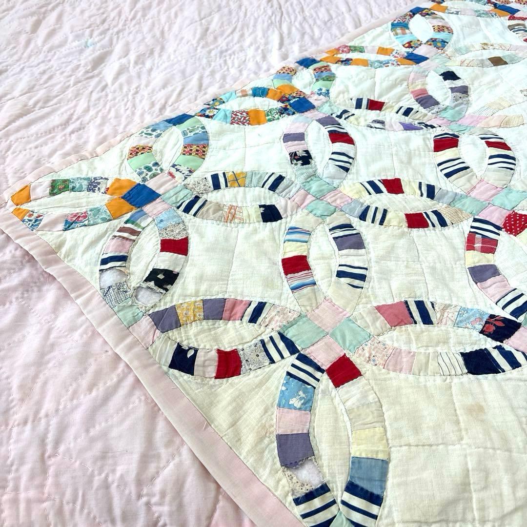 【稀少】アメリカンアンティークキルト⭐︎ダブルウエディング　 約190×208cm
