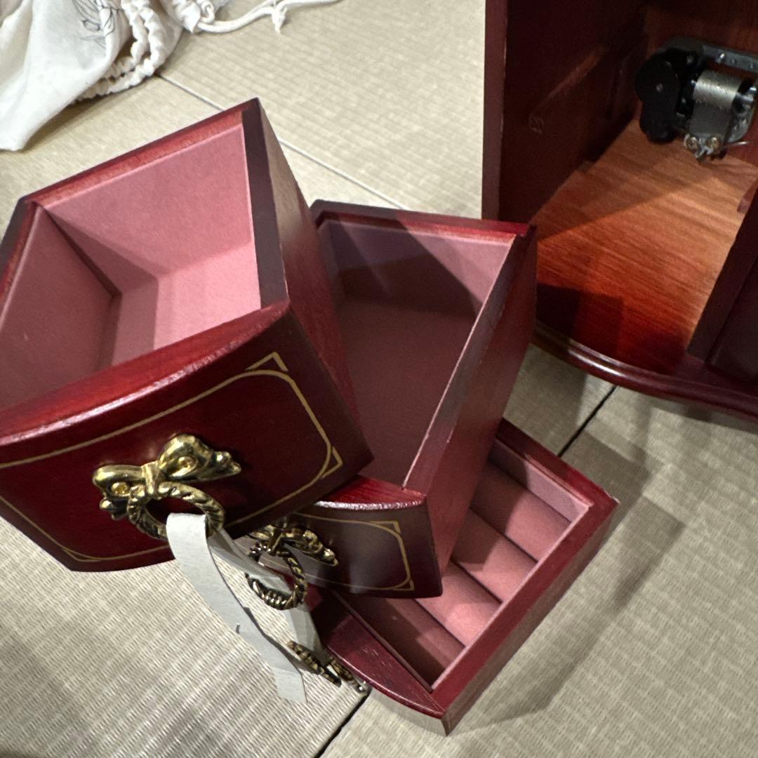 ワインレッド 木製宝石箱３段 オルゴール付 ケース ジュエリー