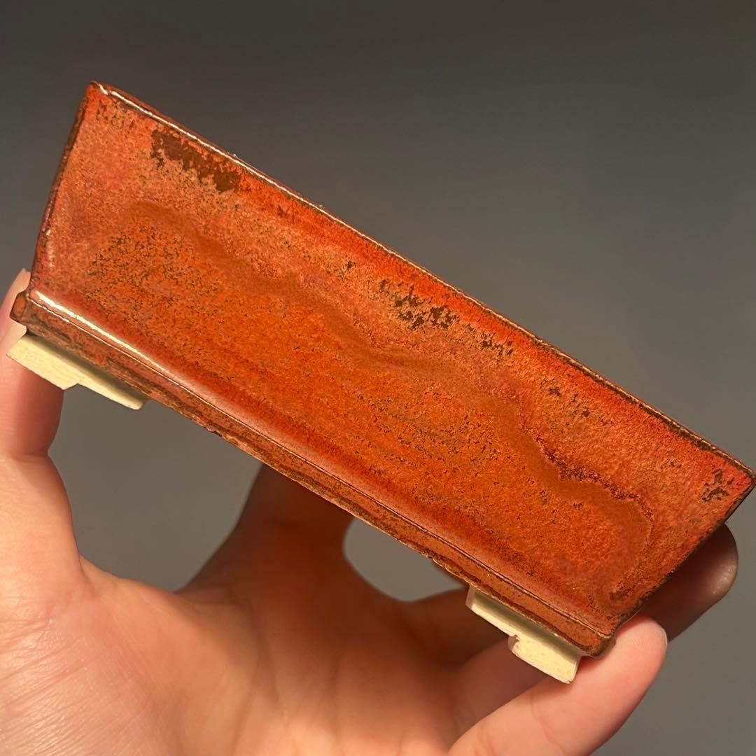 749.桂雲 鉄紅釉段足長方 盆栽鉢 植木鉢 11.5*9.3*4.5cm