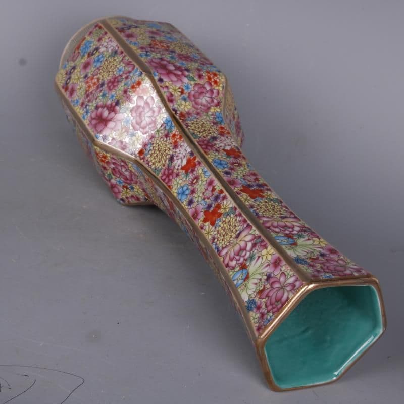 清乾隆琺瑯彩万模様六方挿花器 景徳鎮 陶磁器 装飾品 現代工芸品美術品 置物