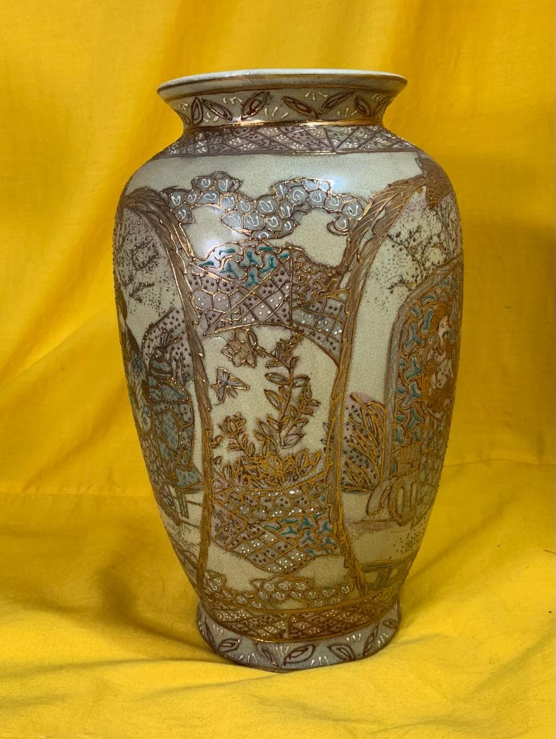 薩摩焼 金襴手 花瓶 金彩色絵壺 人物風景図 現状品!!