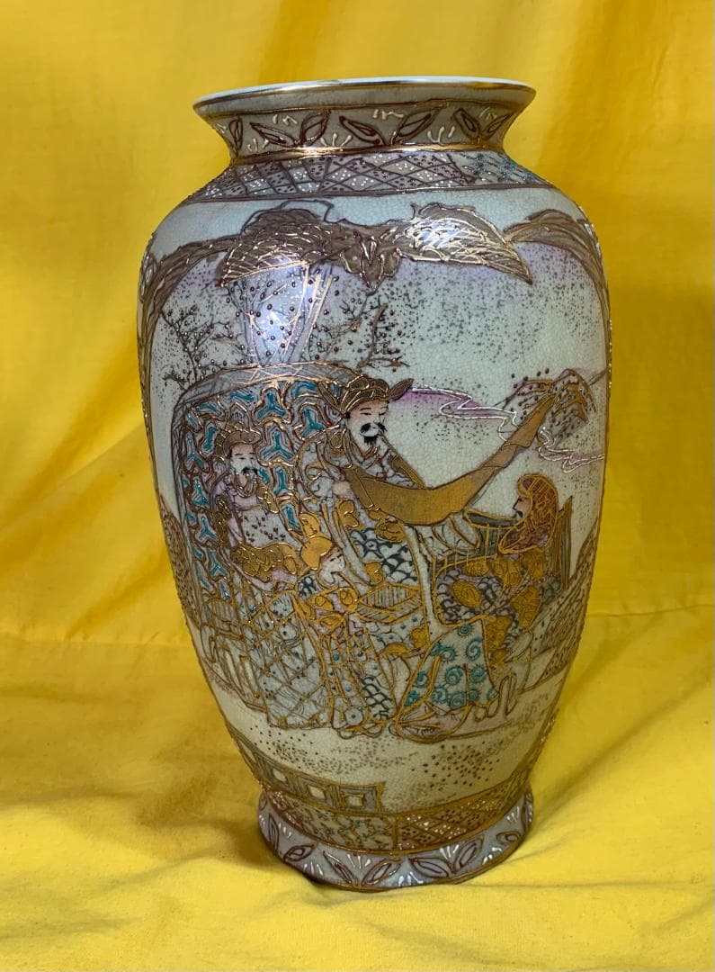 薩摩焼 金襴手 花瓶 金彩色絵壺 人物風景図 現状品!!