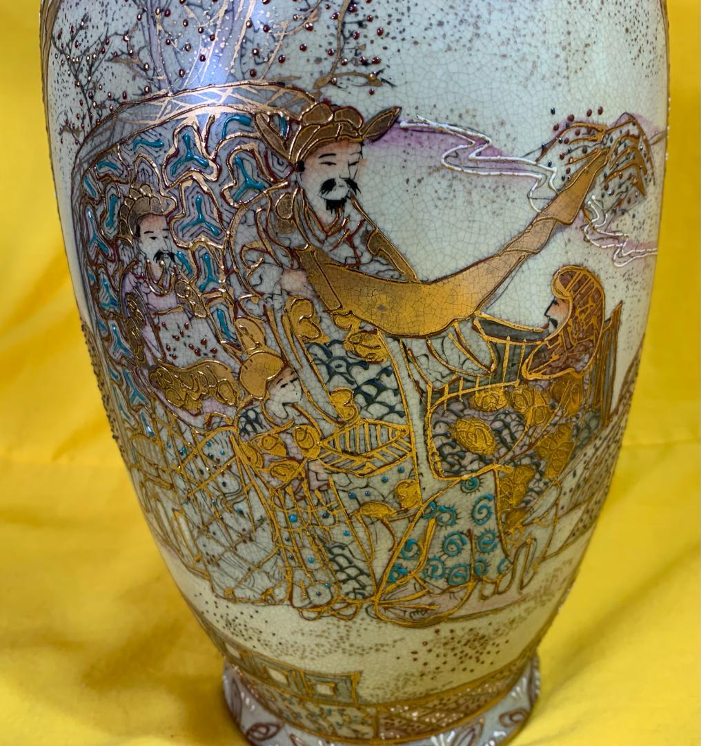 薩摩焼 金襴手 花瓶 金彩色絵壺 人物風景図 現状品!!