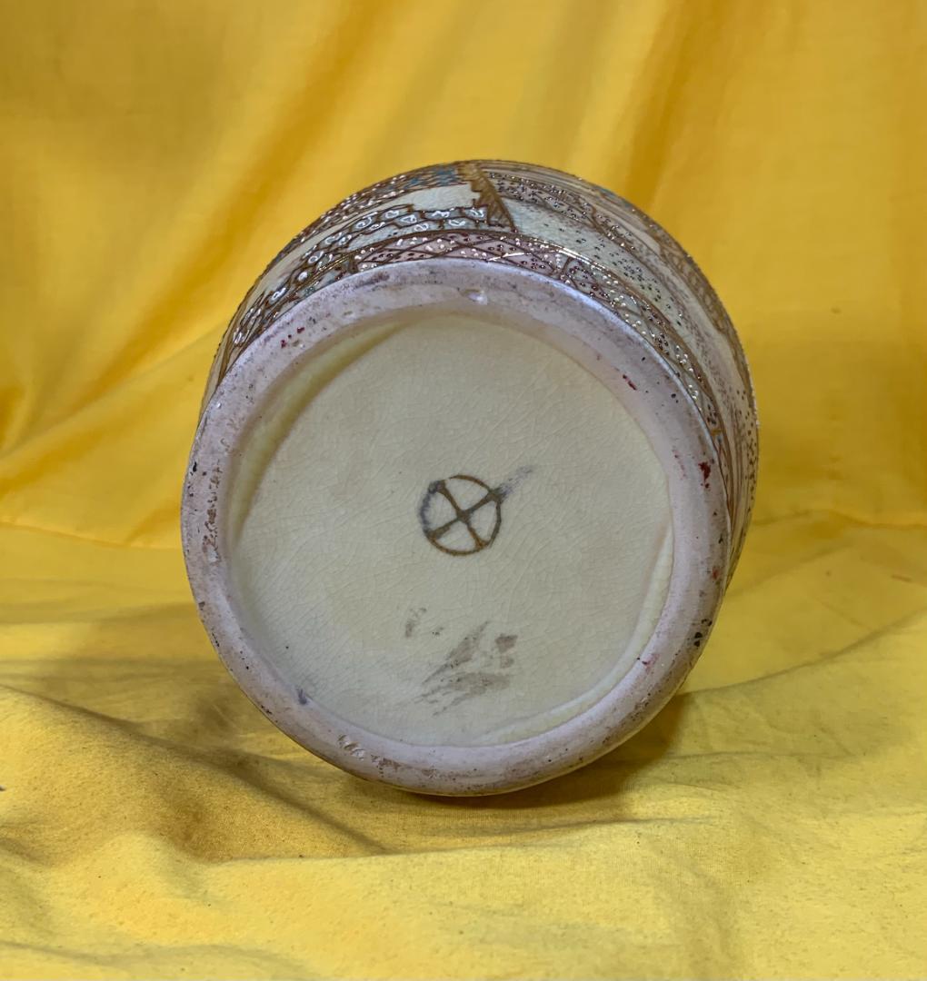 薩摩焼 金襴手 花瓶 金彩色絵壺 人物風景図 現状品!!