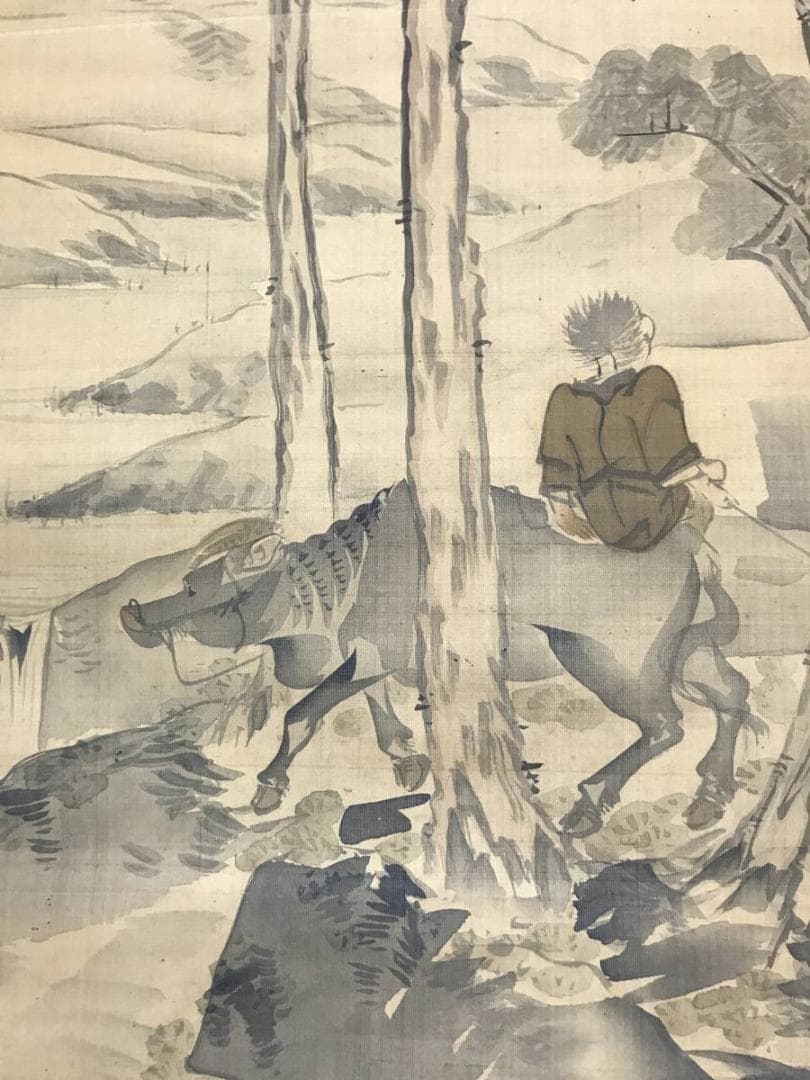 【真作】山間明月/牧童図/山水図/人物図/掛軸/名家伝来/AC-445