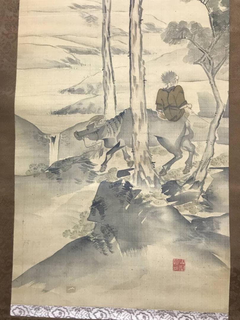 【真作】山間明月/牧童図/山水図/人物図/掛軸/名家伝来/AC-445