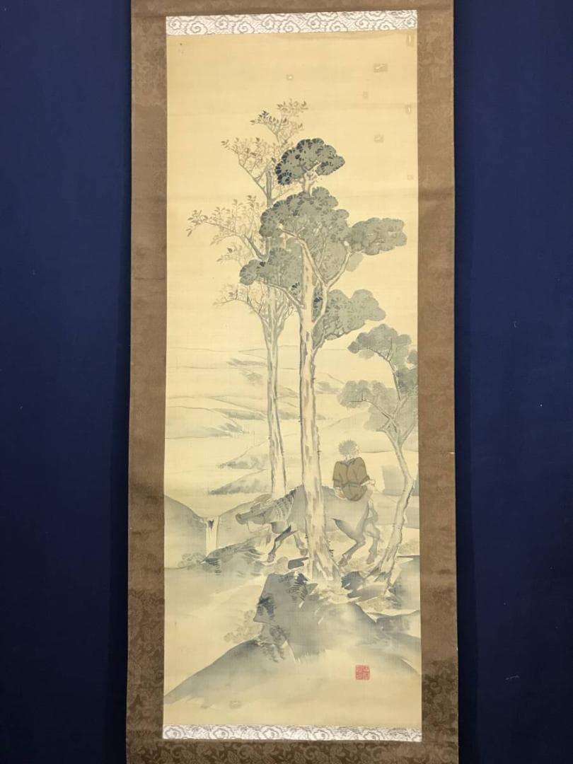 【真作】山間明月/牧童図/山水図/人物図/掛軸/名家伝来/AC-445