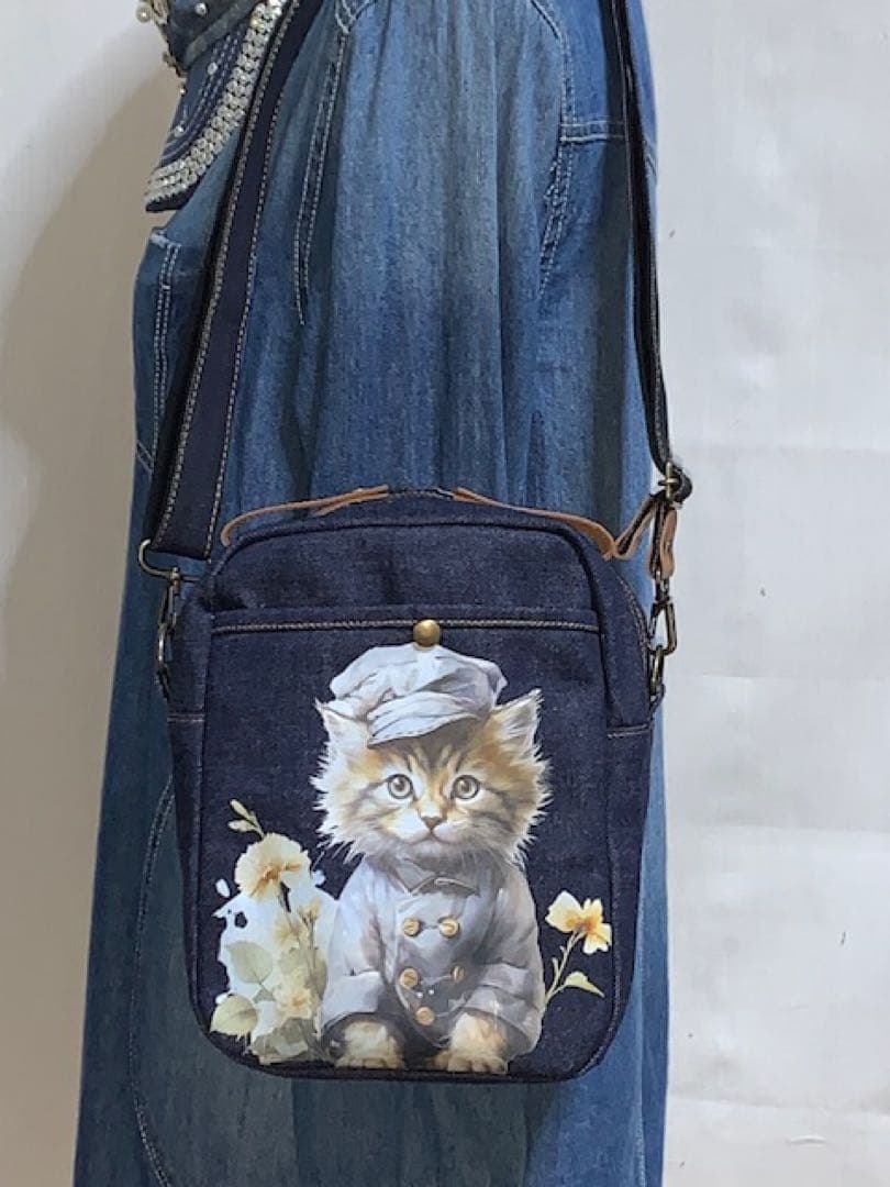 ハンドメイド☆岡山デニム♪☆子猫♪ネコ☆ショルダーバッグ