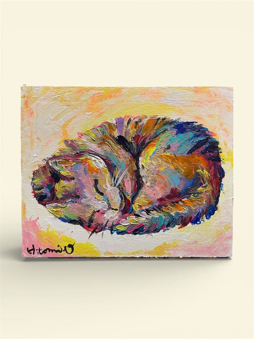 寝ている猫の絵画　原画　キャンバス　現代アート　猫の絵 動物画