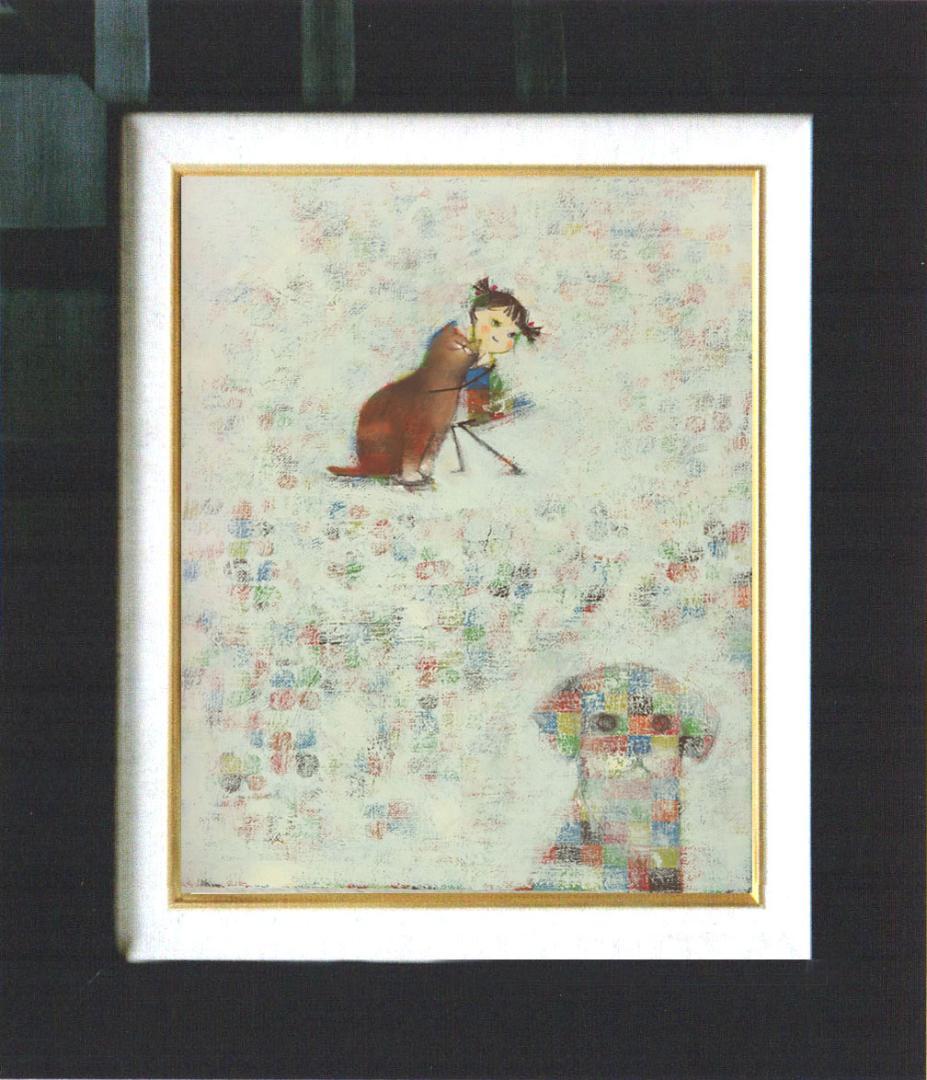 油絵 菅家令子絵 絵画インテリア額付(青緑＋金色の枠)F4-072419猫犬女子