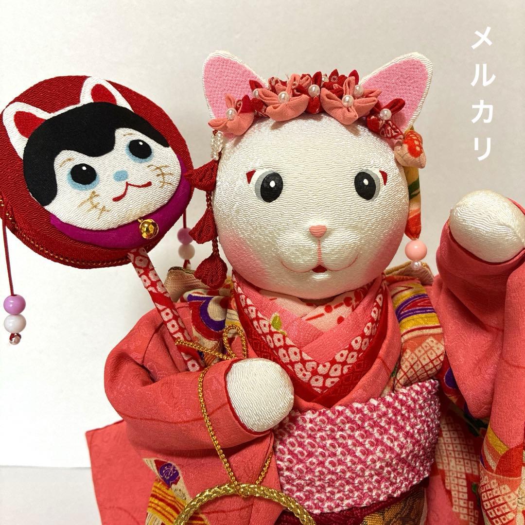 【ねこの創作人形】ちりめん細工　縮緬細工　招き猫　まねき猫　和風猫