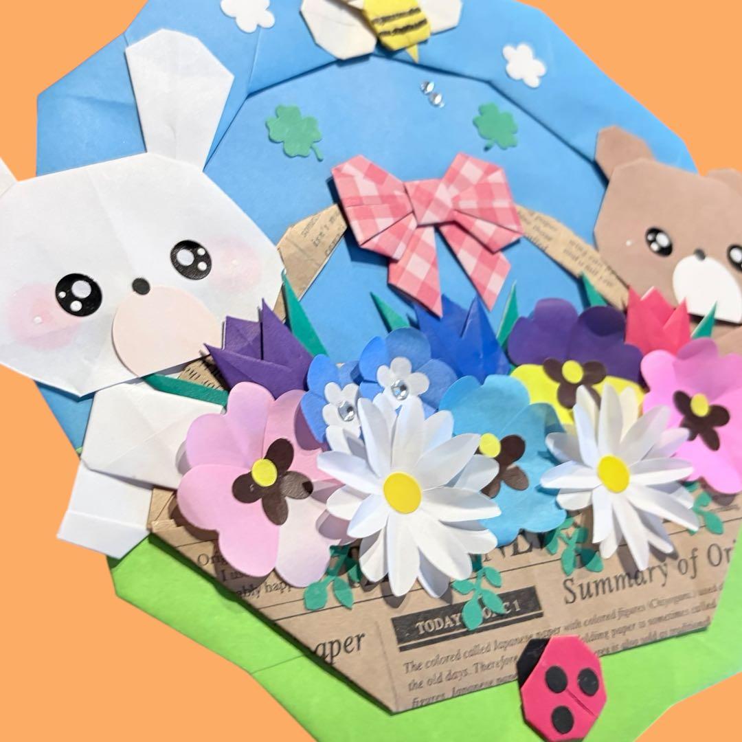 花籠(赤) 折り紙リース　折り紙ハンドメイド　春　壁面飾り