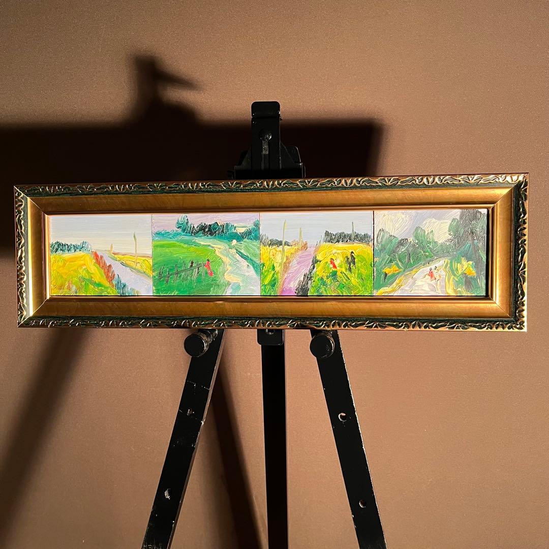 手書き油絵 ４枚組絵画 風景画 額付 絵画 インテリア 油彩画