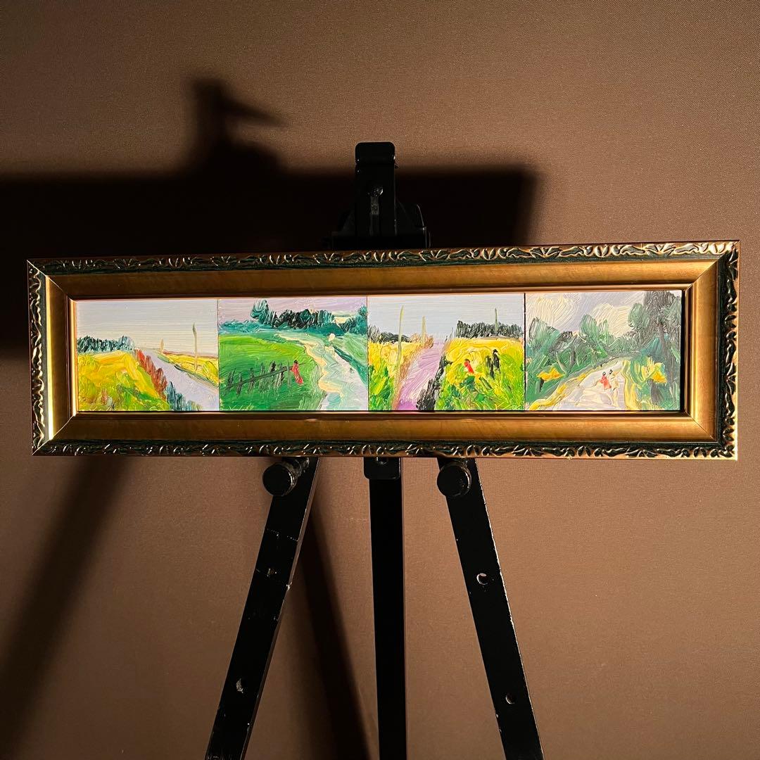 手書き油絵 ４枚組絵画 風景画 額付 絵画 インテリア 油彩画