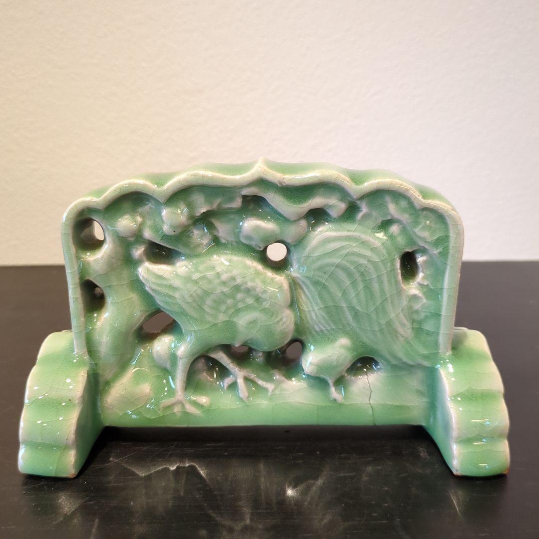 七官青磁　硯屏　明代　鳥