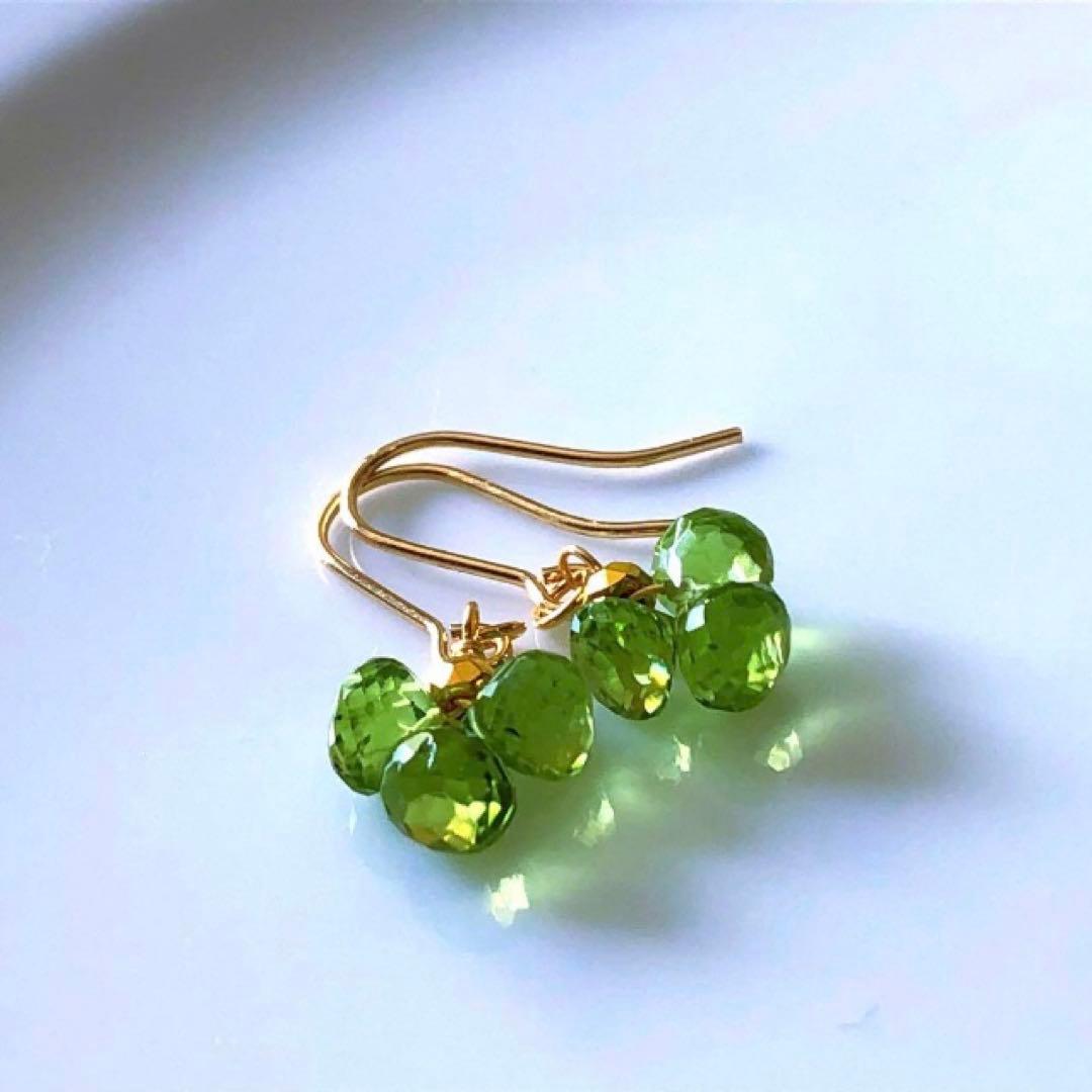 天然石☆極上オニオンブリオレットペリドットのクローバーピアス14kgf