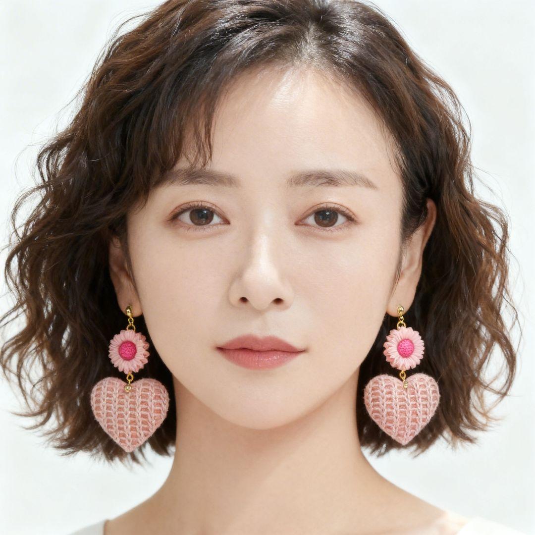 春カラー♡ピンクのフラワーと編み込みニット大ぶりハートのピアス♡