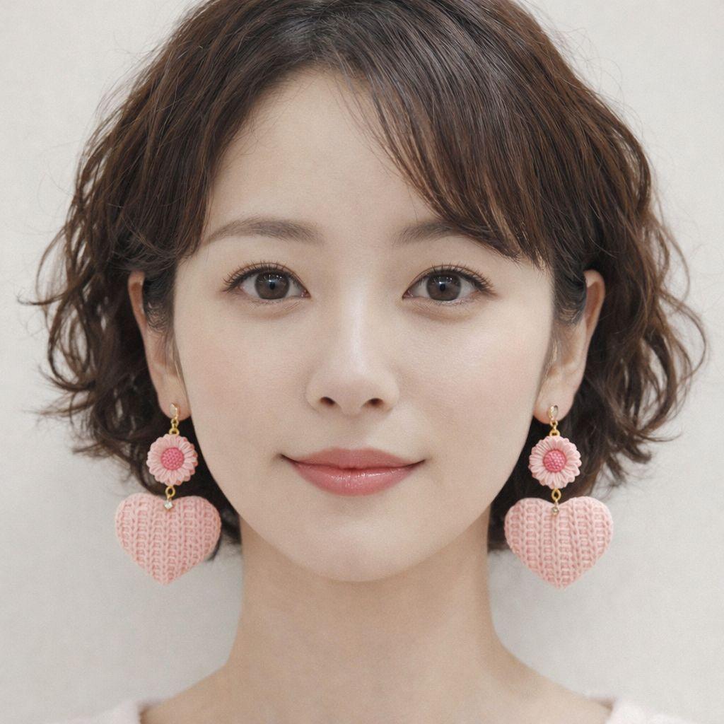 春カラー♡ピンクのフラワーと編み込みニット大ぶりハートのピアス♡