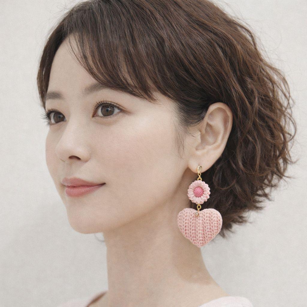 春カラー♡ピンクのフラワーと編み込みニット大ぶりハートのピアス♡