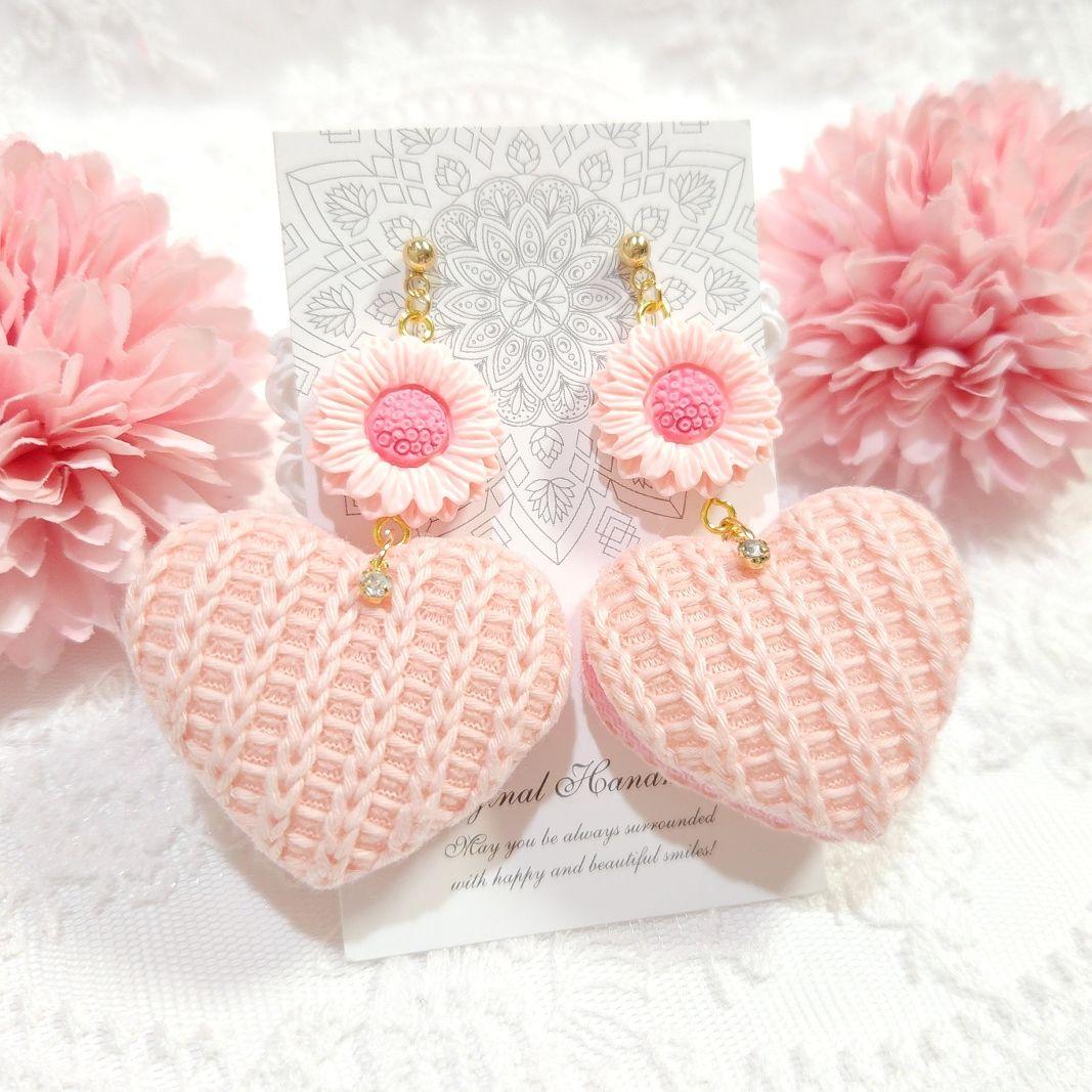 春カラー♡ピンクのフラワーと編み込みニット大ぶりハートのピアス♡