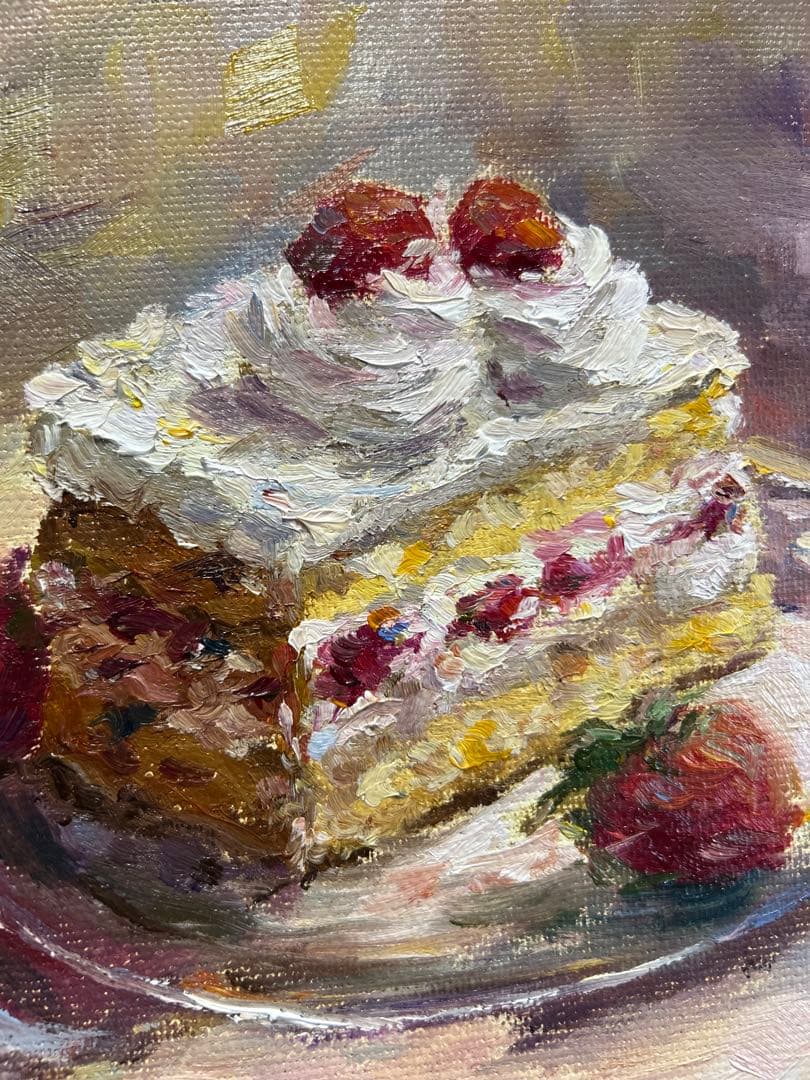 美味しそうなケーキの油彩画 白フレーム付き