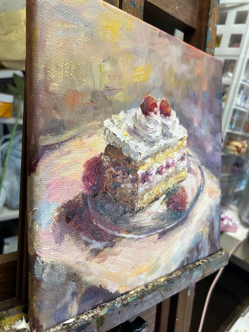 美味しそうなケーキの油彩画 白フレーム付き