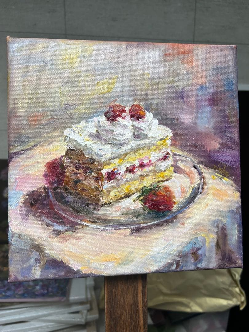 美味しそうなケーキの油彩画 白フレーム付き