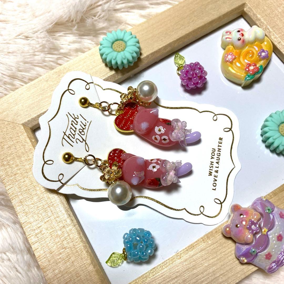 ☆パールとハートリボンが素敵な猫ちゃんイヤリング☆