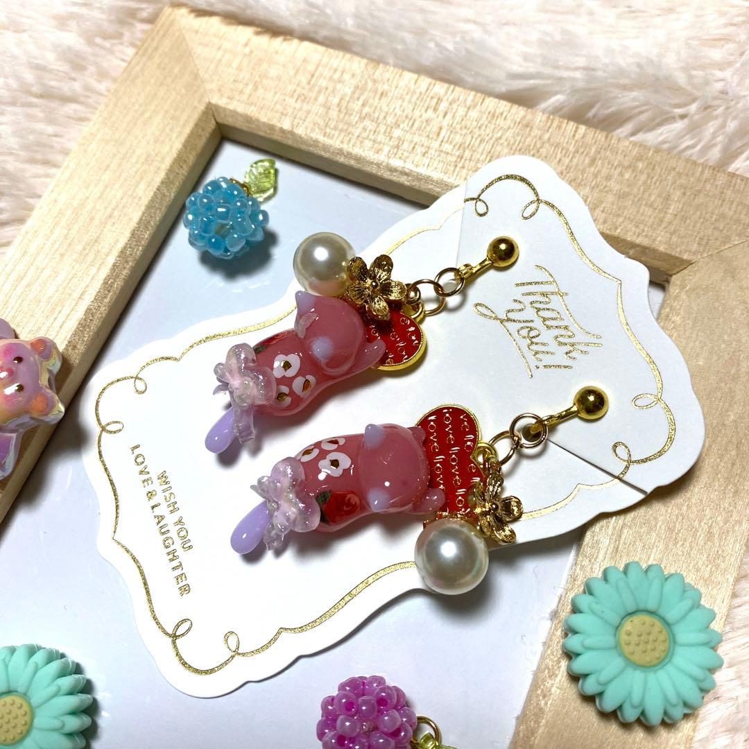 ☆パールとハートリボンが素敵な猫ちゃんイヤリング☆