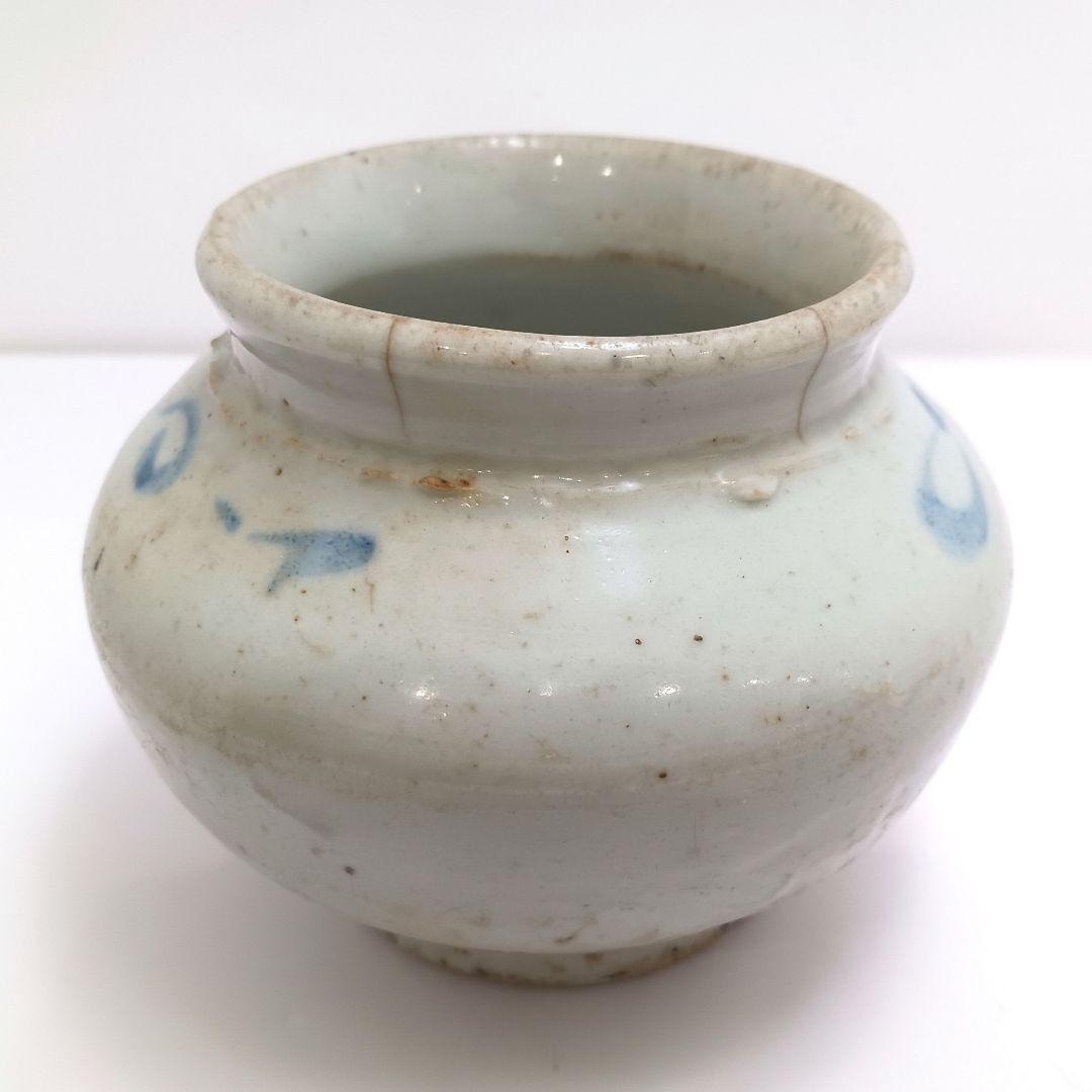 Y2984 朝鮮美術 李朝白磁染付仏手柑文壺 李朝染付壷　　ten