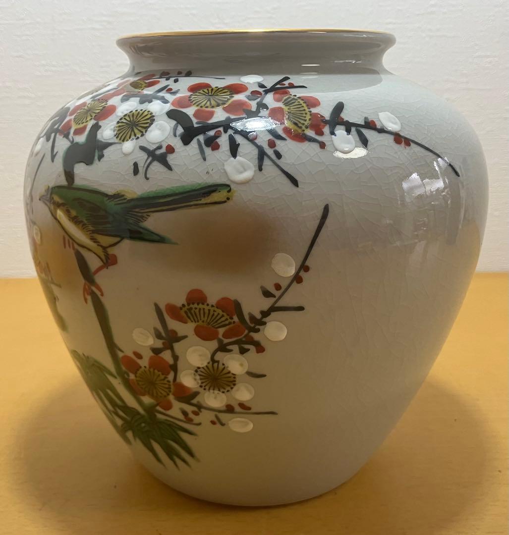 【九谷焼】花瓶 花鳥図 梅に鶯（うぐいす）木箱付き 伝統工芸品