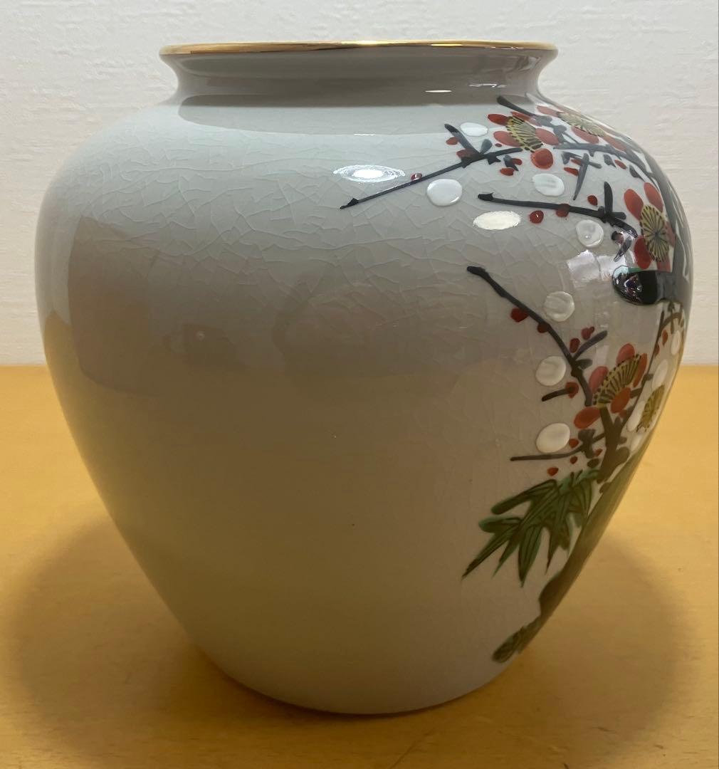 【九谷焼】花瓶 花鳥図 梅に鶯（うぐいす）木箱付き 伝統工芸品