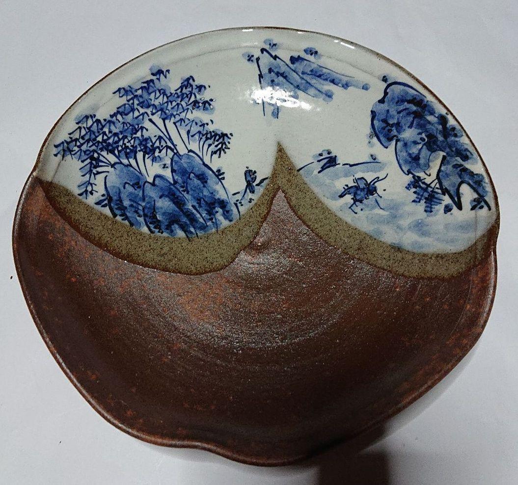 宮城県亘理・みちのく長瀞・末家焼窯元ひろ窯山・水絵湯呑と皿・未使用品