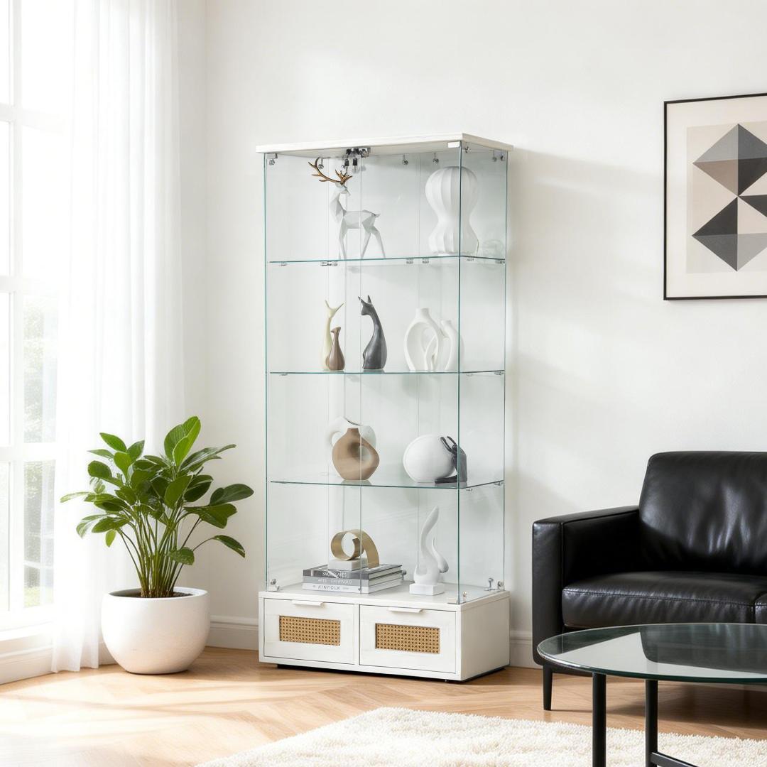 コレクションケース 引出し付 両扉タイプ 幅80×奥行36×高さ184cm 白