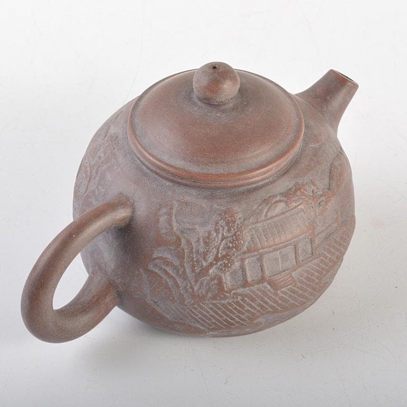中国　紫砂　朱泥　楼閣山水文　急須　茶壷　在銘　N　6652