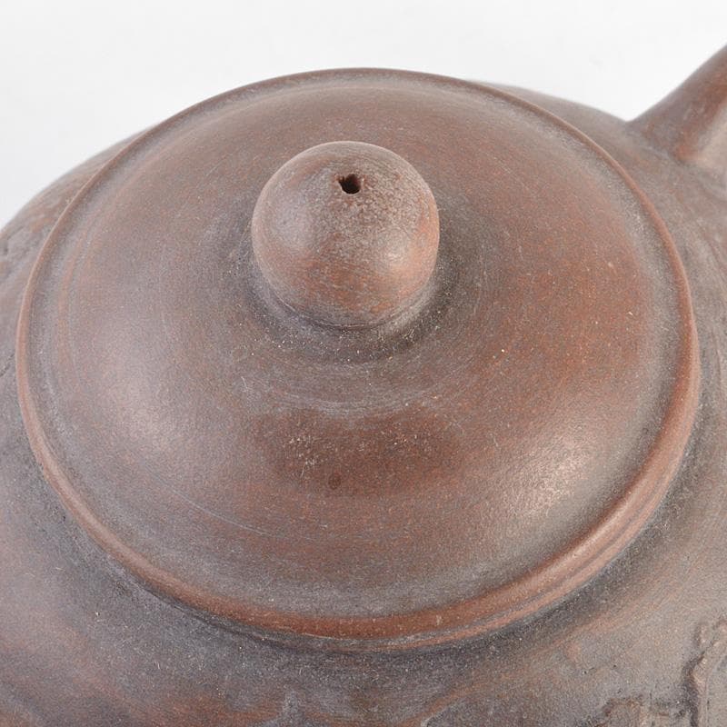 中国　紫砂　朱泥　楼閣山水文　急須　茶壷　在銘　N　6652