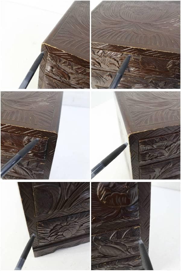 伝統工芸 日光彫 小引き出し 3段 小箪笥 小物入れ 牡丹柄