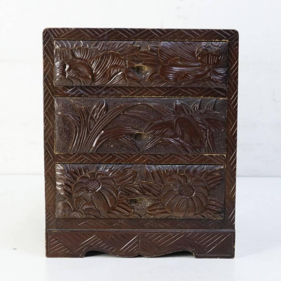 伝統工芸 日光彫 小引き出し 3段 小箪笥 小物入れ 牡丹柄