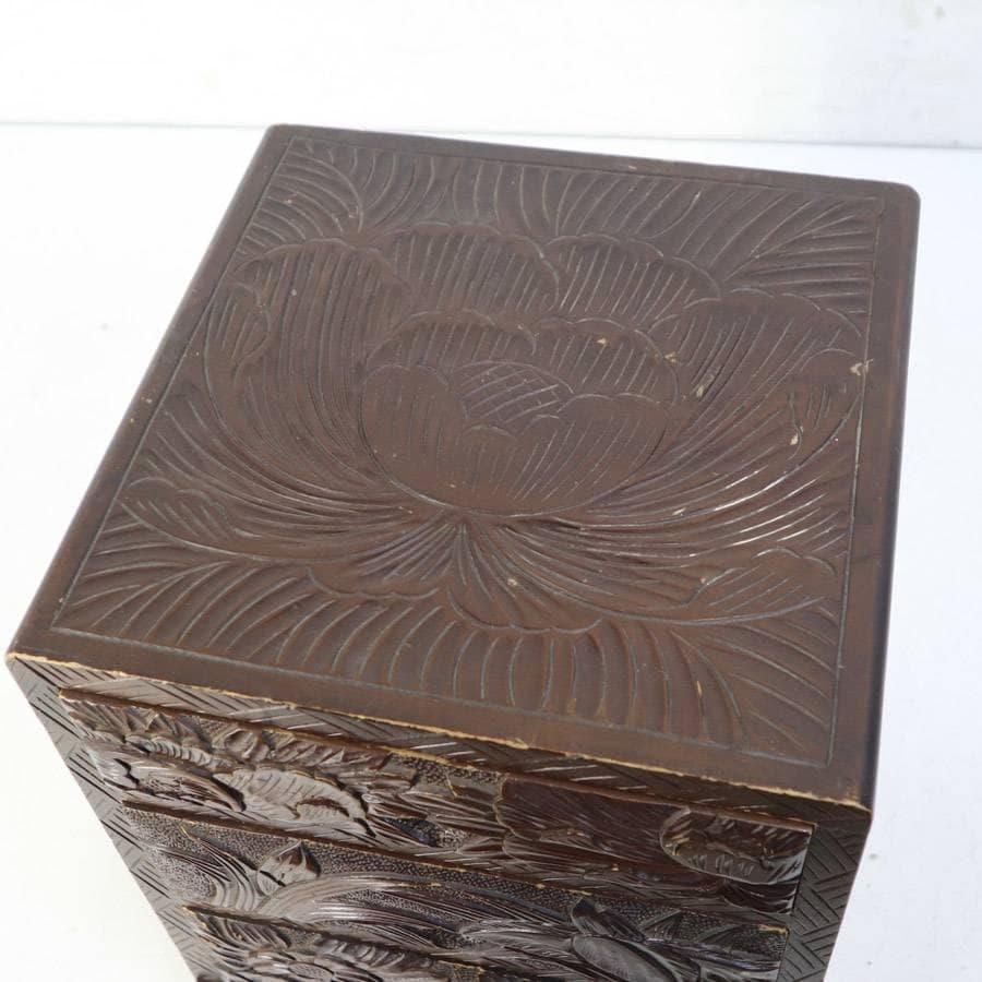 伝統工芸 日光彫 小引き出し 3段 小箪笥 小物入れ 牡丹柄